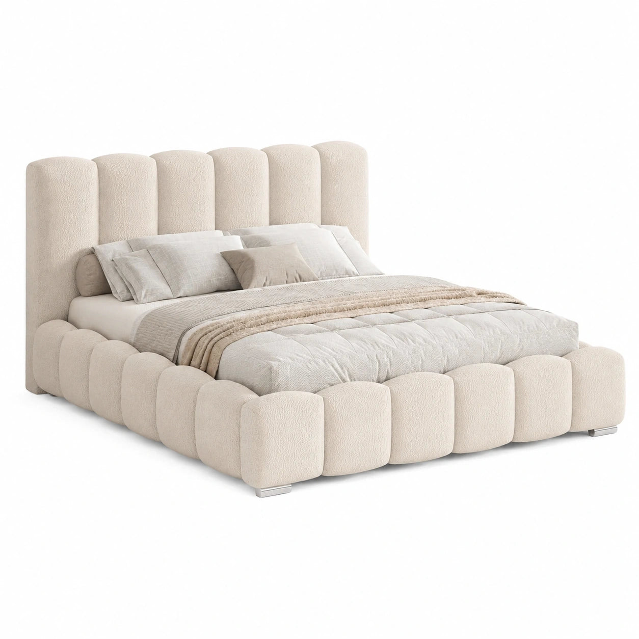 Polsterbett 180x200 Beige Boucle mit Stauraum und Kopfteil, inkl. Lattenrost und H3 Matratze