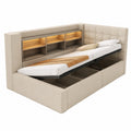 Multifunktionales Schlafsofa 90x200 cm mit Stauraum und LED-Kopfteil, USB-Anschluss, Lattenrost, Leinenbezug, Beige