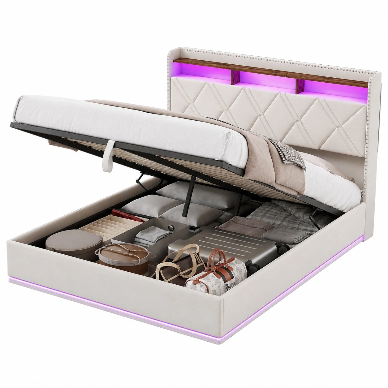 Elegantes Polsterbett 140x200 cm mit USB, Stauraum & LED - Creme