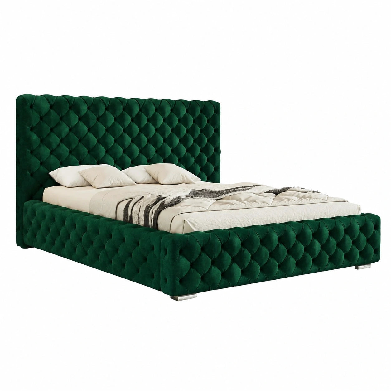 Elegantes Chesterfield Polsterbett 200x200 cm in Dunkelgrünem Samt mit Stauraum und Kopfteil