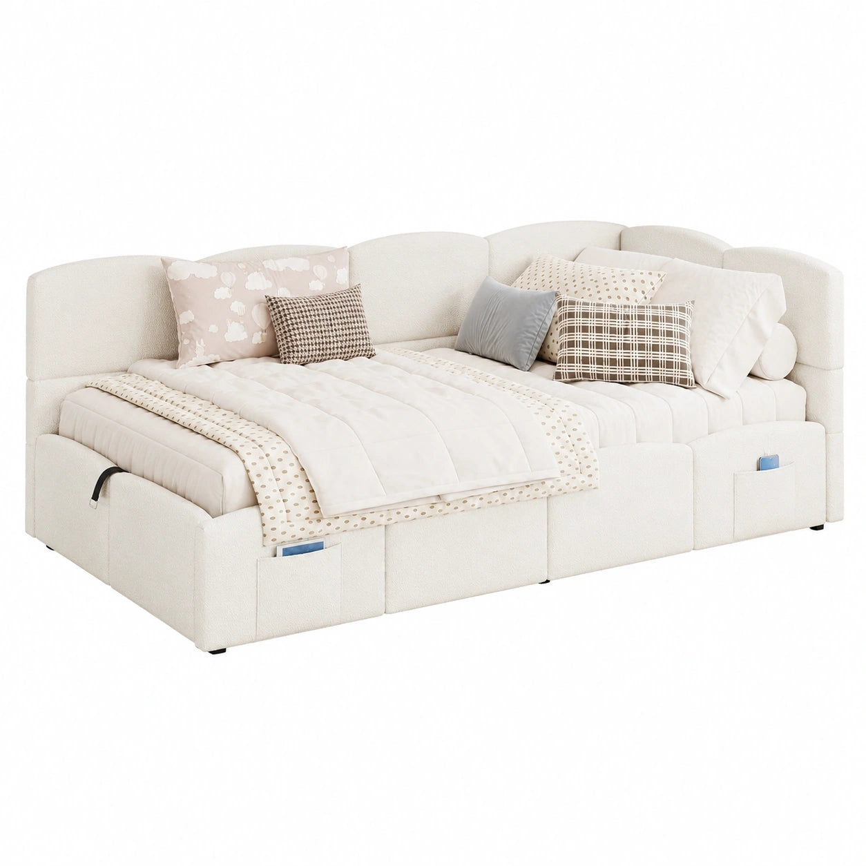 Merax Polsterbett 90x200cm mit Stauraum und USB-Funktion, beige Bouclé für Kinder & Jugendliche