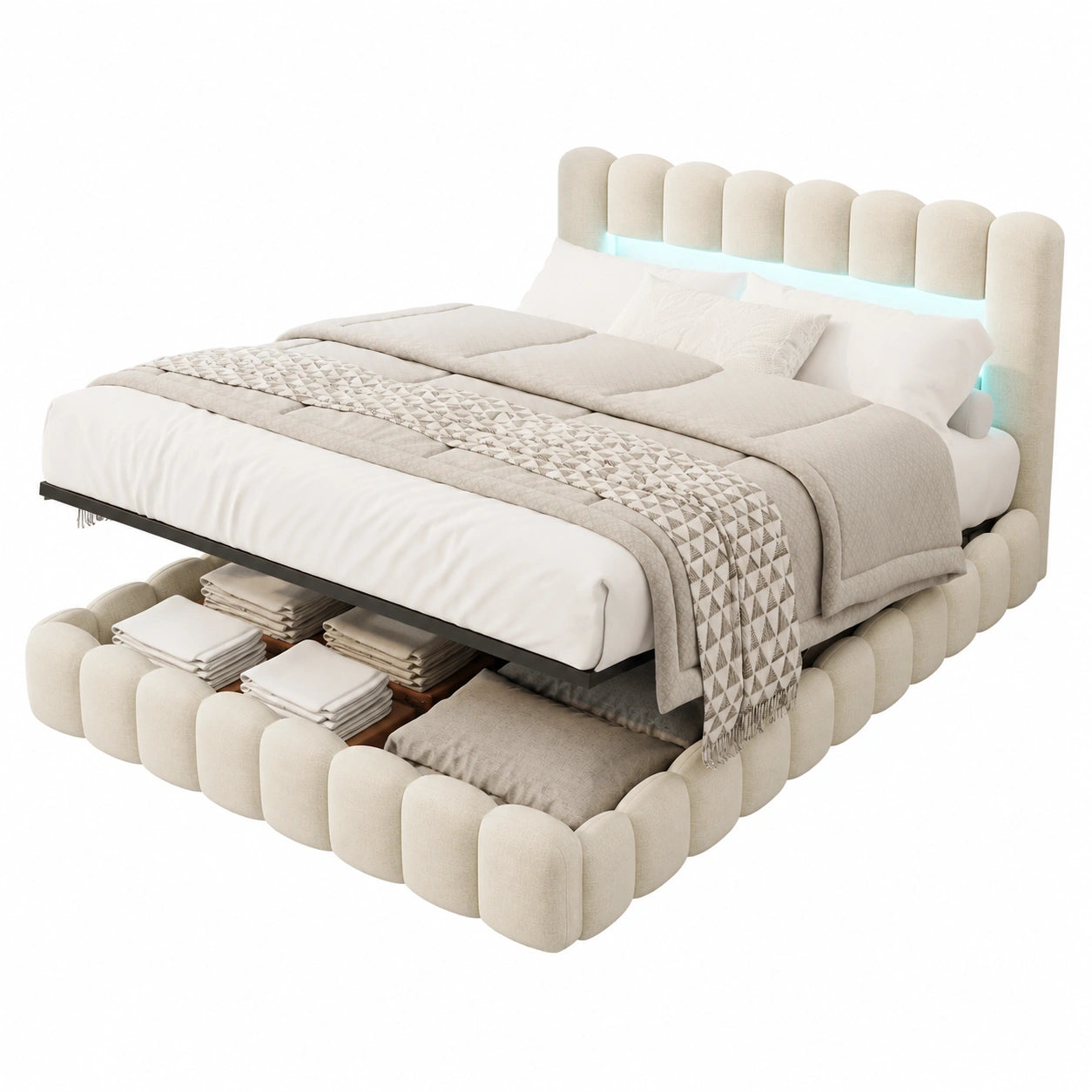 Modernes Polsterbett 140x200 mit LED-Kopfteil und USB-Anschluss, inklusive Stauraum