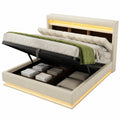 Doppelbett 140x200 cm in Beige mit LED-Kopfteil und USB-C, Hydraulischem Stauraum und Holzlattenrost
