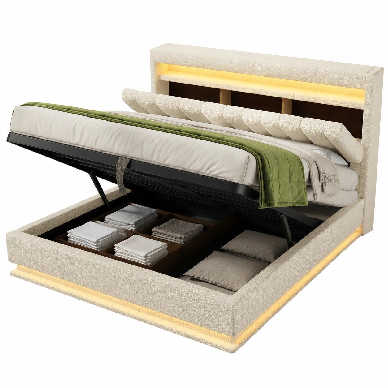 Doppelbett 140x200 cm in Beige mit LED-Kopfteil und USB-C, Hydraulischem Stauraum und Holzlattenrost