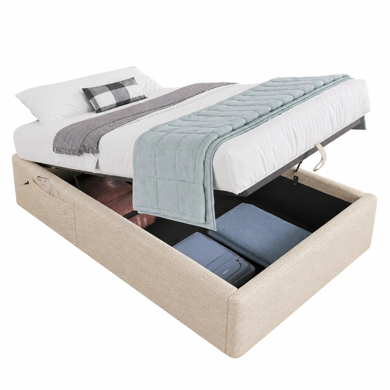 Einzelbett 90x190 cm, Stauraumbett mit Lattenrost und Stautaschen, Leinenstoff, ohne Kopfteil
